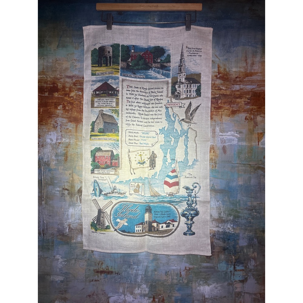 Vintage Rhode Island Souvenir Tea Towel Linen Map Historic Landmarks Nautical